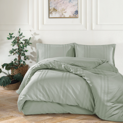 Lenjerii de pat 200x220cm - Lenjerie de pat ranforce Butique King size, 4 piese, 100% bumbac ranforce, verde, dungi decorative verticale, MELKOR V9