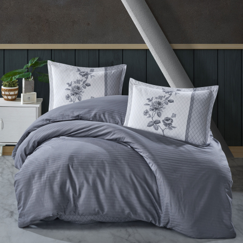 Lenjerii de pat 200x200cm - Lenjerie de pat ranforce Butique King size, 4 piese, 100% bumbac ranforce, gri, imprimeu floral cu detalii geometrice, SUAVE