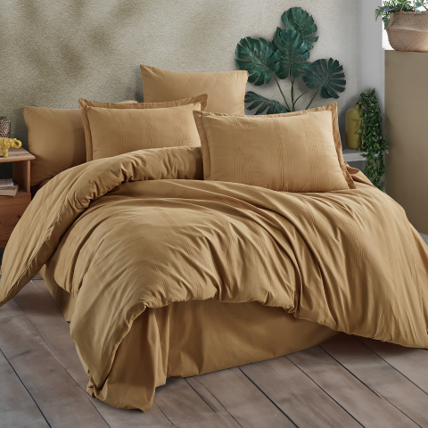 Lenjerii de pat 200x200cm - Lenjerie de pat ranforce Butique King size, 4 piese, 100% bumbac ranforce, galben mustar, dungi decorative ton pe ton, UNITA V5