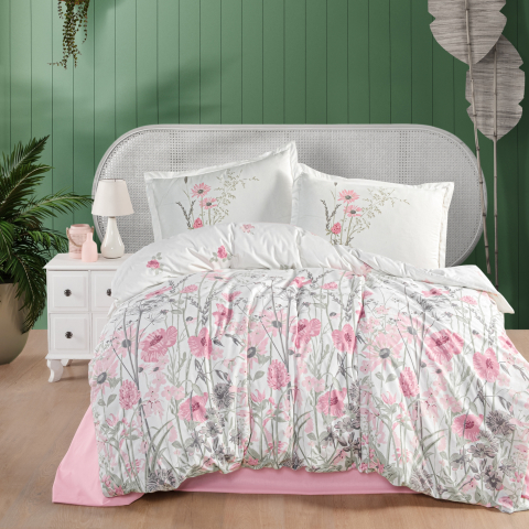 Lenjerii de pat - Lenjerie de pat ranforce Clasy King size, 4 piese, bumbac ranforce, alb, imprimeu floral roz si gri, ANGOLA
