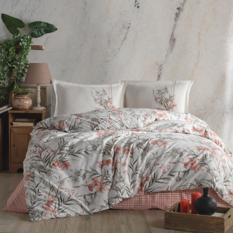 Lenjerii de pat 180x200cm - Lenjerie de pat ranforce Clasy King size, 4 piese, bumbac ranforce, alb, imprimeu floral corai si gri, APRILLA
