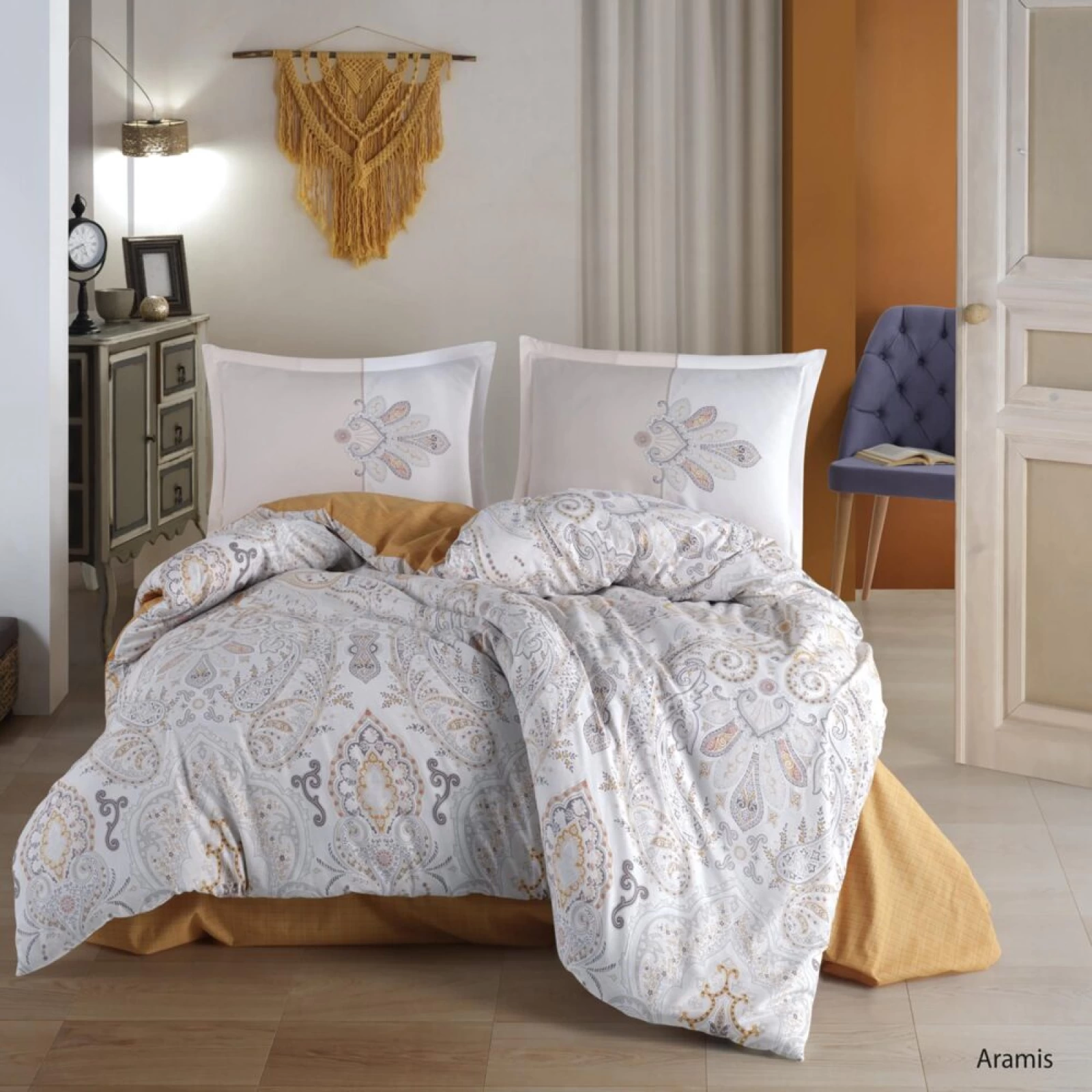 Lenjerii de pat 180x200cm - Lenjerie de pat ranforce Clasy King size, 4 piese, bumbac ranforce, alb, imprimeu ornamental gri si galben, ARAMIS