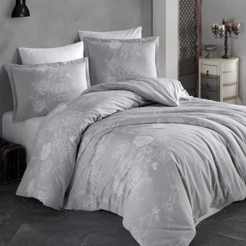 Lenjerii de pat 180x200cm - Lenjerie de pat ranforce Clasy King size, 4 piese, bumbac ranforce, gri, imprimeu floral alb, ARNOR V2