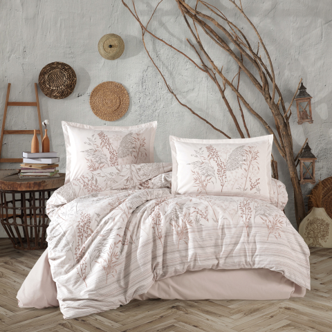 Lenjerii de pat - Lenjerie de pat ranforce Clasy King size, 4 piese, bumbac ranforce, alb, imprimeu botanic bej, BETINA