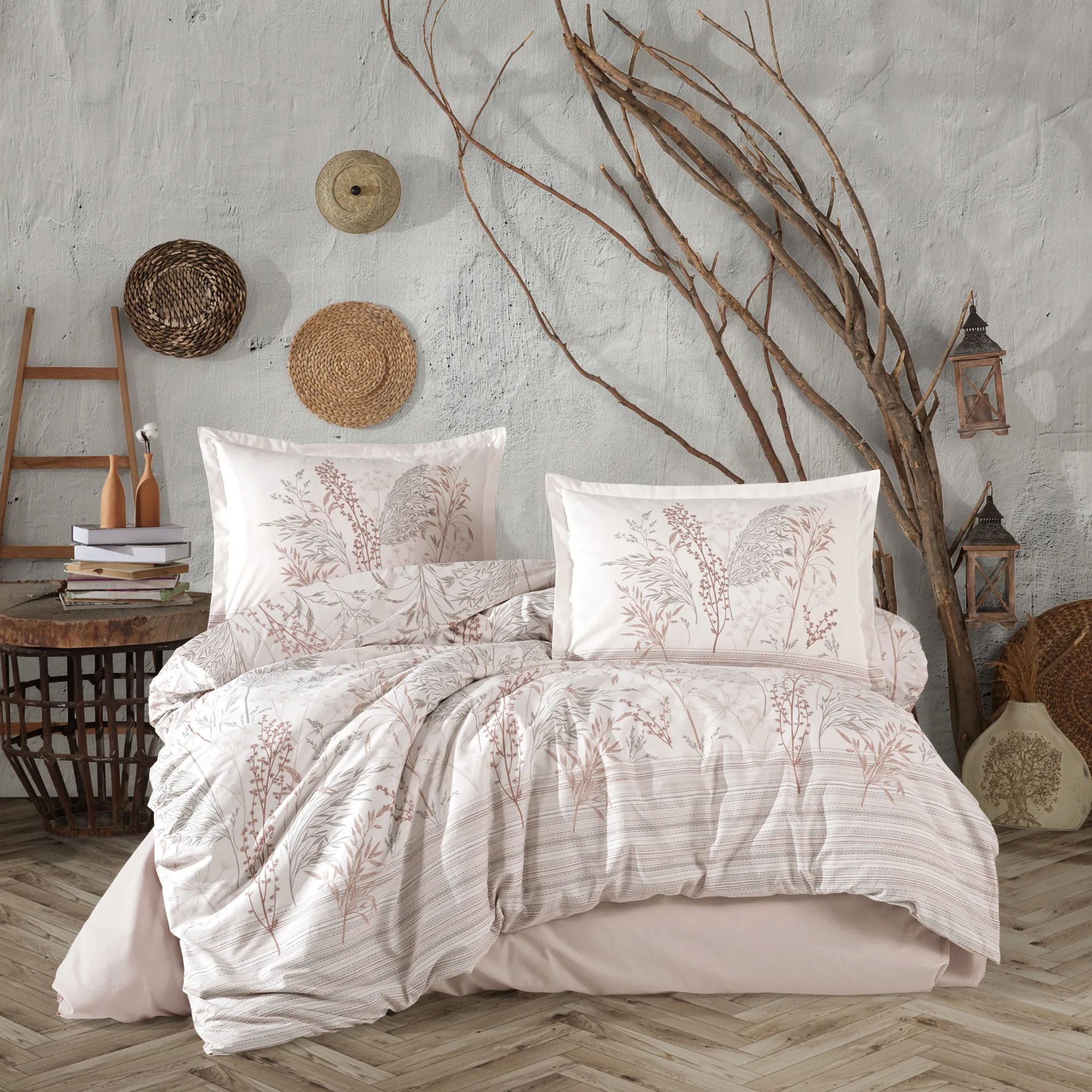 Lenjerii de pat bumbac - Lenjerie de pat ranforce Clasy King size, crem, imprimeu botanic cu frunze, HENA V2