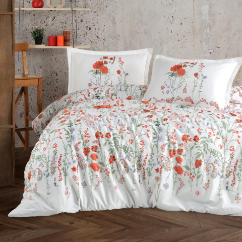 Lenjerii de pat - Lenjerie de pat ranforce Clasy King size, 4 piese, bumbac ranforce, alb, imprimeu floral rosu si verde, ELYESE