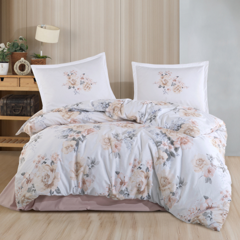 Lenjerii de pat - Lenjerie de pat ranforce Clasy King size, 4 piese, bumbac ranforce, alb, imprimeu floral bej si piersica, FLORAL