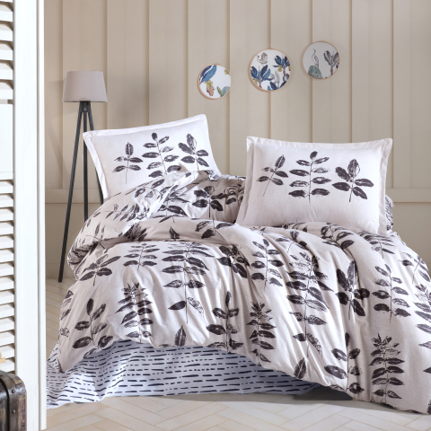 Lenjerii de pat - Lenjerie de pat ranforce Clasy King size, 4 piese, bumbac ranforce, alb, imprimeu cu frunze negre, HAFSA