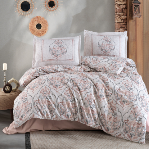 Lenjerii de pat - Lenjerie de pat ranforce Clasy King size, 4 piese, bumbac ranforce, alb si gri, model oriental cu accente roz, HEZEN
