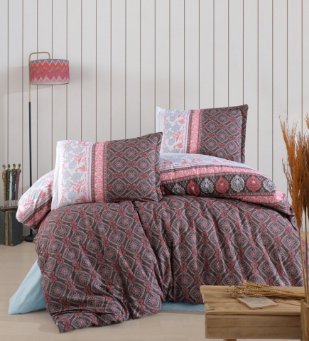 Lenjerii de pat - Lenjerie de pat ranforce Clasy King size, 4 piese, bumbac ranforce, gri inchis, imprimeu oriental cu accente roz, IZGI