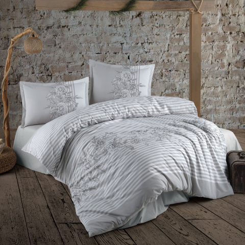 Lenjerii de pat 180x200cm - Lenjerie de pat ranforce Clasy King size, 4 piese, bumbac ranforce, alb si gri, imprimeu floral cu dungi, LATINA