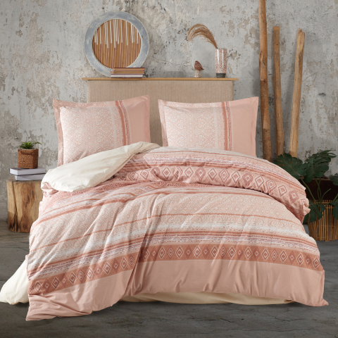 Lenjerii de pat - Lenjerie de pat ranforce Clasy King size, 4 piese, bumbac ranforce, roz pudra, model oriental geometric, LATRINA
