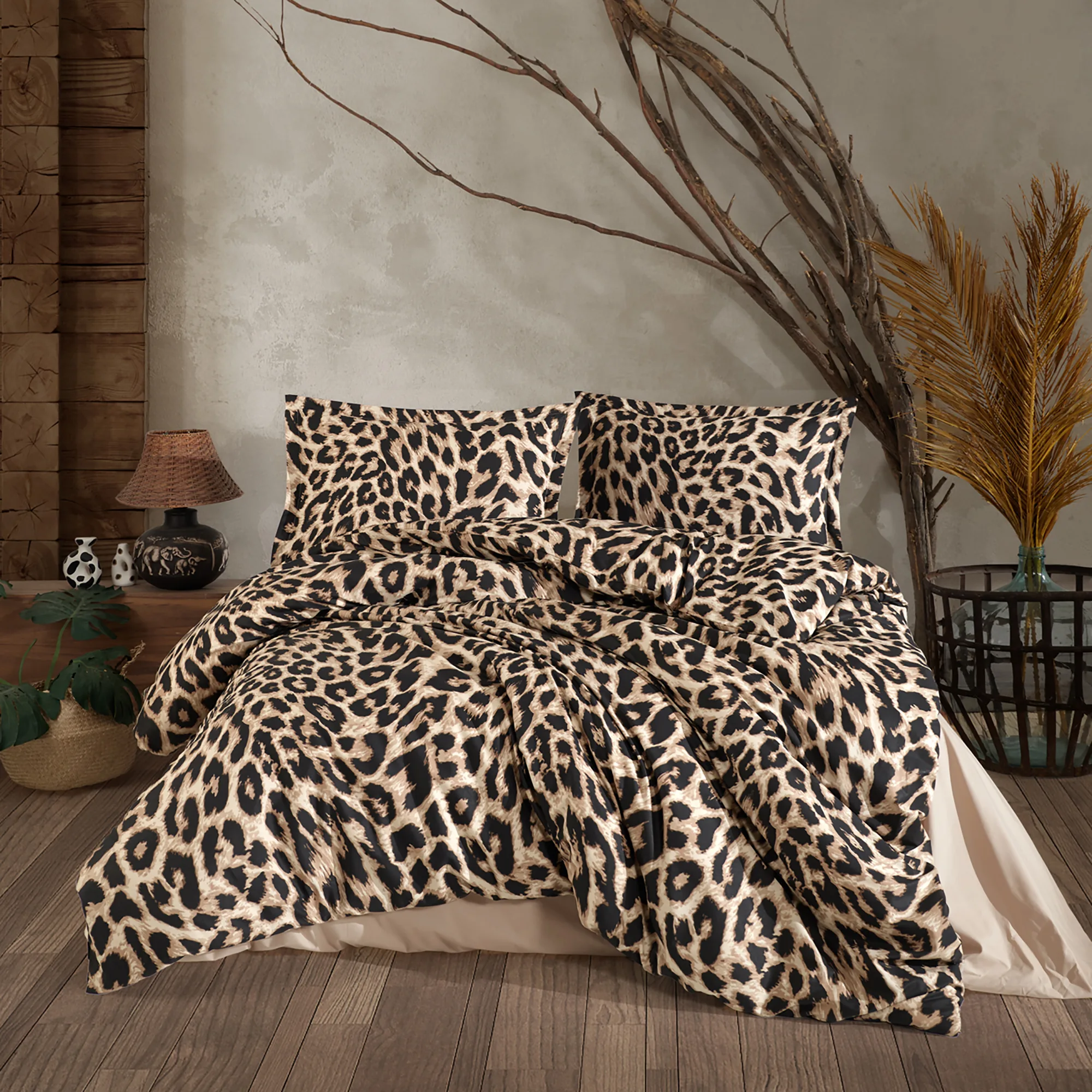 Lenjerii de pat bumbac - Lenjerie de pat ranforce Clasy King size, maro, imprimeu animal print leopard, LEO