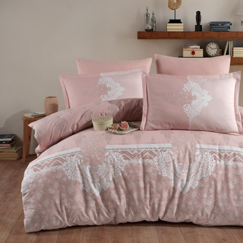 Lenjerii de pat roz - Lenjerie de pat ranforce Clasy King size, 4 piese, bumbac ranforce, roz, imprimeu ornamental alb, LEVURE