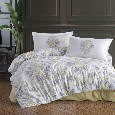 Lenjerii de pat 200x220cm - Lenjerie de pat ranforce Clasy King size, 4 piese, bumbac ranforce, alb, imprimeu ornamental galben si gri, LIYA V1