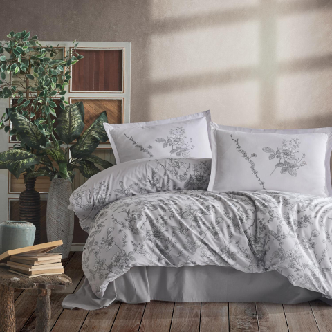 Lenjerii de pat 180x200cm - Lenjerie de pat ranforce Clasy King size, 4 piese, bumbac ranforce, gri deschis, imprimeu floral gri, MESSINA