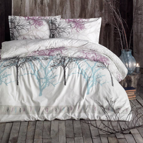 Lenjerii de pat bumbac ranforce - Lenjerie de pat ranforce Clasy King size, 4 piese, bumbac ranforce, alb, imprimeu cu copaci gri, mov si turcoaz, MIDAS V1