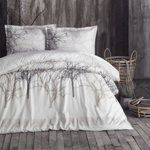 Lenjerii de pat 200x220cm - Lenjerie de pat ranforce Clasy King size, 4 piese, bumbac ranforce, alb, imprimeu cu copaci gri, MIDAS V2