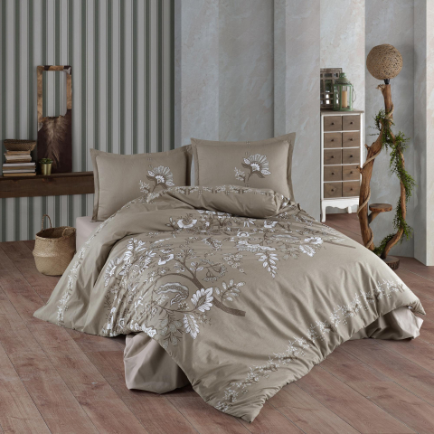 Lenjerii de pat bej - Lenjerie de pat ranforce Clasy King size, 4 piese, bumbac ranforce, bej, imprimeu floral alb, MOHANA V2