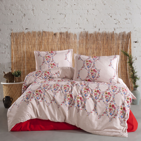 Lenjerii de pat - Lenjerie de pat ranforce Clasy King size, 4 piese, bumbac ranforce, bej, imprimeu floral multicolor, NAVAS
