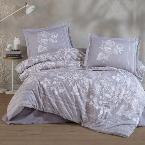 Lenjerii de pat - Lenjerie de pat ranforce Clasy King size, 4 piese, bumbac ranforce, gri deschis, imprimeu floral alb, NERA