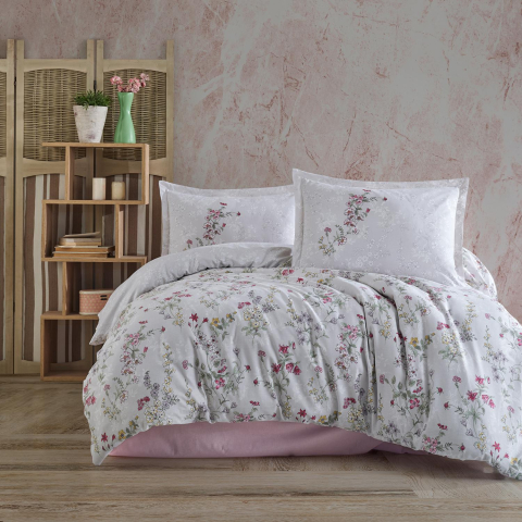 Lenjerii de pat - Lenjerie de pat ranforce Clasy King size, 4 piese, bumbac ranforce, gri deschis, imprimeu floral multicolor, NOVARA