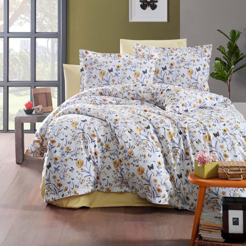 Lenjerii de pat 180x200cm - Lenjerie de pat ranforce Clasy King size, 4 piese, bumbac ranforce, alb, imprimeu floral galben, RNF_22