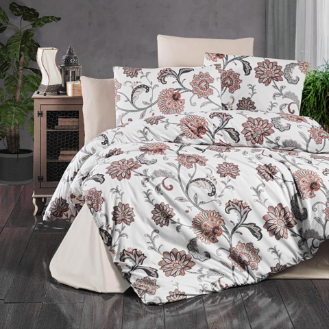 Lenjerii de pat 180x200cm - Lenjerie de pat ranforce Clasy King size, 4 piese, bumbac ranforce, alb, imprimeu floral ornamental, RNF_28