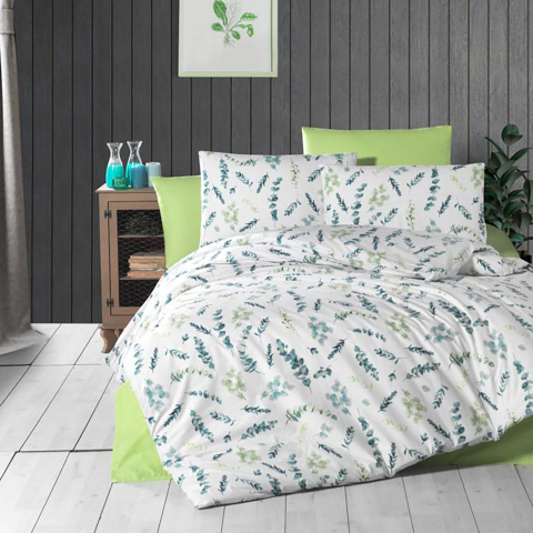 Lenjerii de pat - Lenjerie de pat ranforce Clasy King size, 4 piese, bumbac ranforce, alb, imprimeu cu frunze verzi, RNF_41