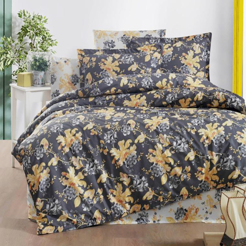 Lenjerii de pat - Lenjerie de pat ranforce Clasy King size, 4 piese, bumbac ranforce, gri inchis, imprimeu floral galben, RNF_42