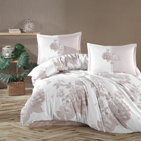 Lenjerii de pat 180x200cm - Lenjerie de pat ranforce Clasy King size, 4 piese, bumbac ranforce, alb, imprimeu floral bej, ROHAN V2