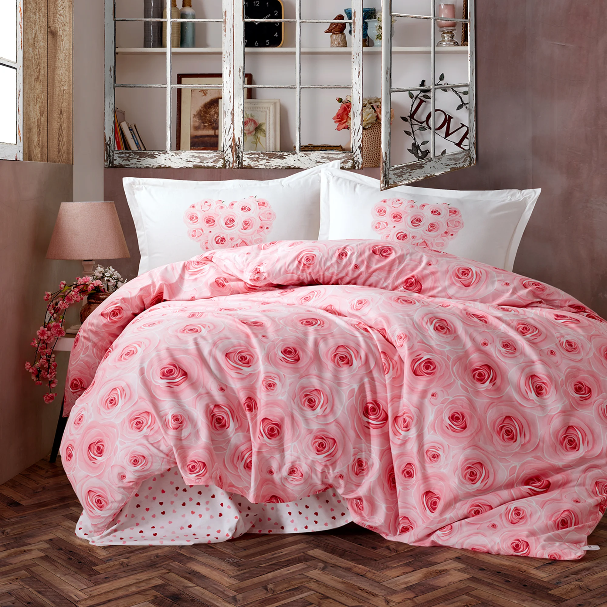 Lenjerii de pat - Lenjerie de pat ranforce Clasy King size, 4 piese, bumbac ranforce, roz, imprimeu cu trandafiri, Roman's