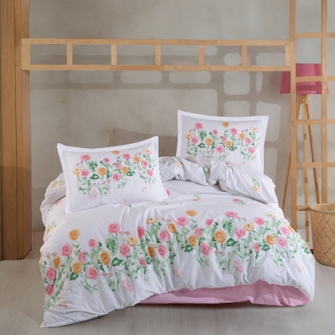 Lenjerii de pat 200x220cm - Lenjerie de pat ranforce Clasy King size, 4 piese, bumbac ranforce, alb, imprimeu floral roz si galben, ROSELIN