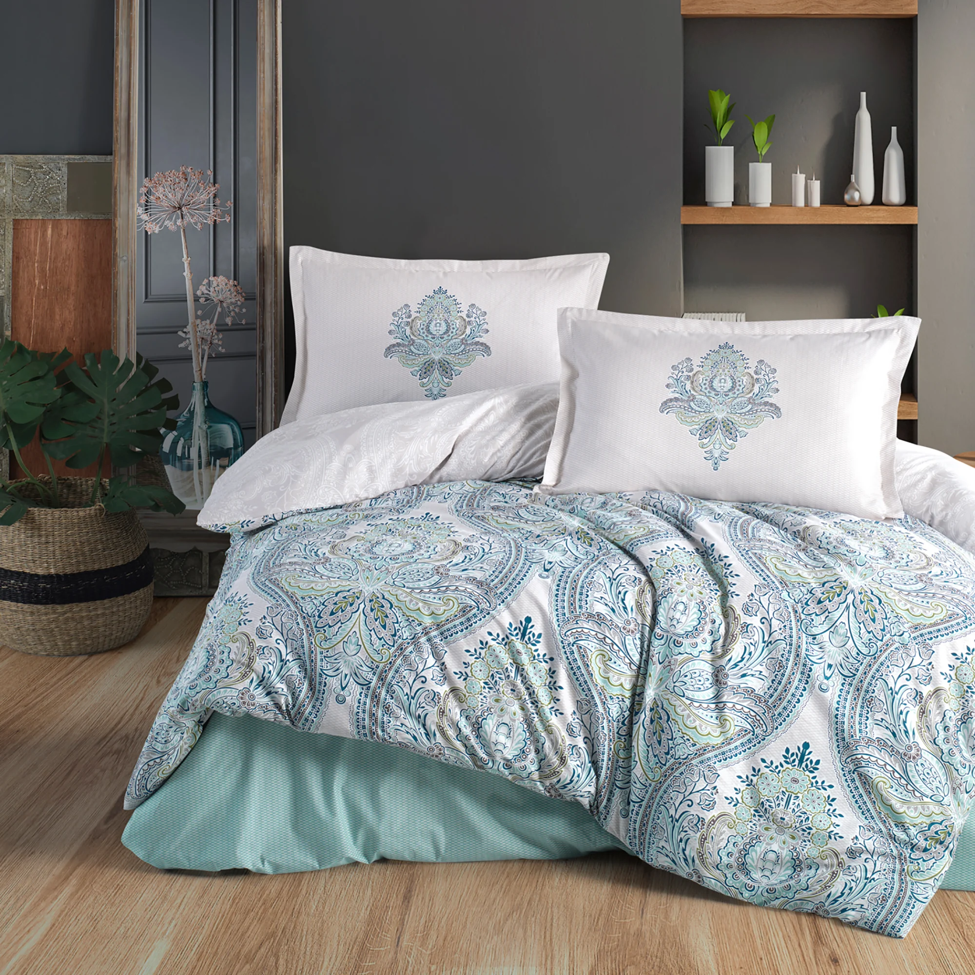 Lenjerii de pat - Lenjerie de pat ranforce Clasy King size, 4 piese, bumbac ranforce, alb si turcoaz, model oriental, Ruma
