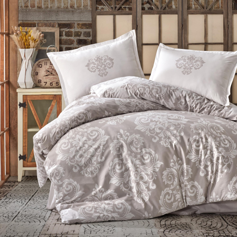 Lenjerii de pat 180x200cm - Lenjerie de pat ranforce Clasy King size, 4 piese, bumbac ranforce, gri bej, imprimeu ornamental alb, SADE V2