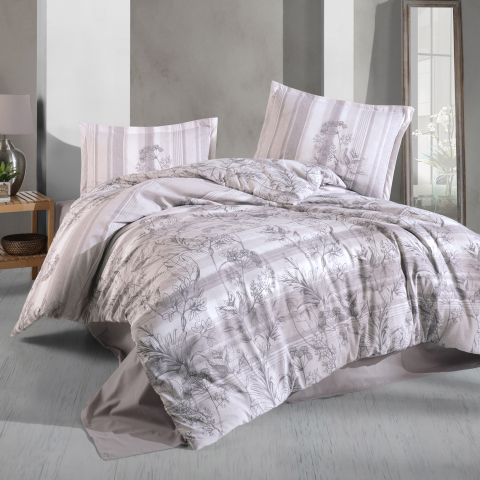 Lenjerii de pat - Lenjerie de pat ranforce Clasy King size, 4 piese, bumbac ranforce, gri deschis, imprimeu floral discret, SIMLE