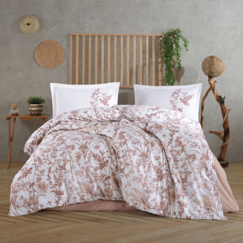 Lenjerii de pat - Lenjerie de pat ranforce Clasy King size, 4 piese, bumbac ranforce, alb, imprimeu floral bej, TOLE