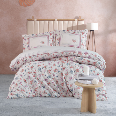 Lenjerii de pat 200x220cm - Lenjerie de pat ranforce Clasy King size, 4 piese, bumbac ranforce, alb, imprimeu floral multicolor, VISAM