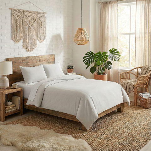 Lenjerii de pat 200x220cm - Lenjerie de pat ranforce Clasy King size, 100% bumbac, alb natural, model uni, RPU-97644