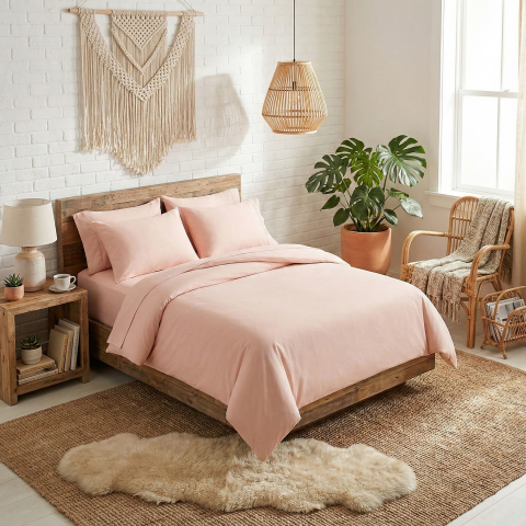 Lenjerii de pat 200x220cm - Lenjerie de pat ranforce Clasy King size, 100% bumbac, roz, model uni, RPU-97634