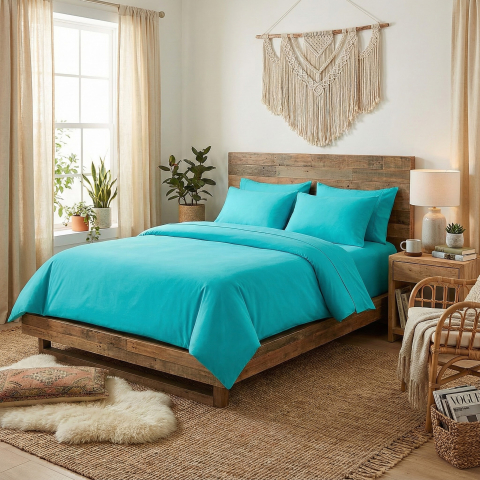 Lenjerii de pat 200x220cm - Lenjerie de pat ranforce Clasy King size, 100% bumbac, turcoaz, model uni, RPU-97636