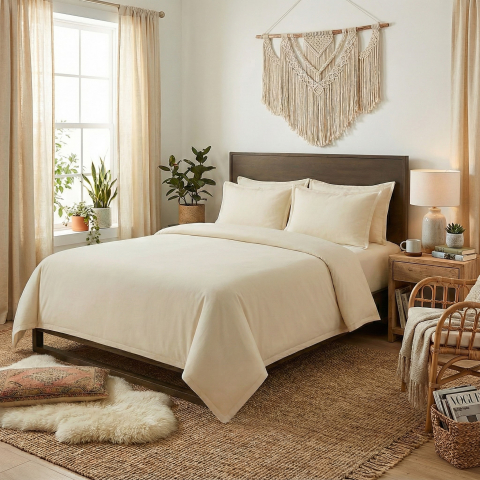Lenjerii de pat 200x220cm - Lenjerie de pat ranforce Clasy King size, 100% bumbac, crem, model uni, RPU-97639