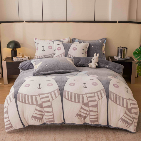 Lenjerii de pat 120x200cm - Lenjerie de pat single,cocolino,4 piese,cearceaf de pat cu elastic,gri cu ursuleti-A941