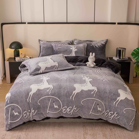 Lenjerii de pat - Lenjerie de pat single,cocolino,4 piese,cearceaf de pat normal,gri cu reni-A1442