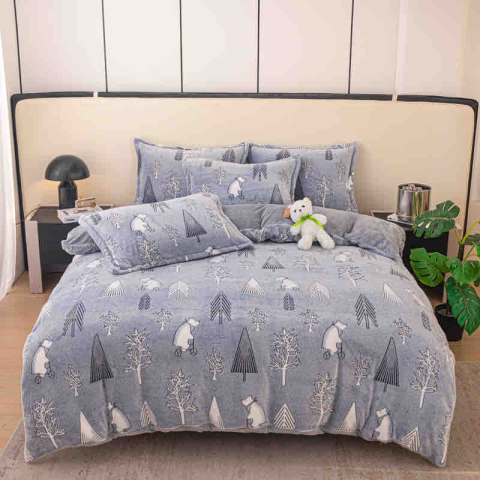 Lenjerii de pat - Lenjerie de pat single,cocolino,4 piese,cearceaf de pat normal,gri cu brazi si ursuleti-A1444