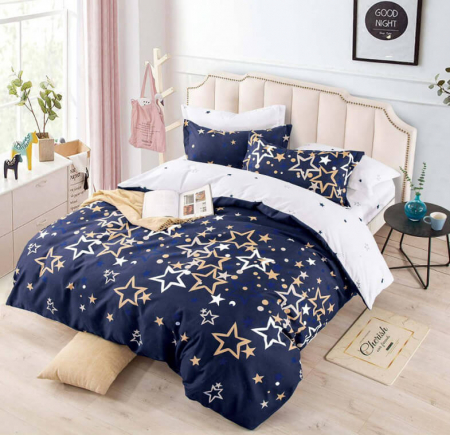 Lenjerii de pat bumbac finet - Lenjerie pat dublu,bumbac finet,6 piese,bleumarin/alba stele-A082