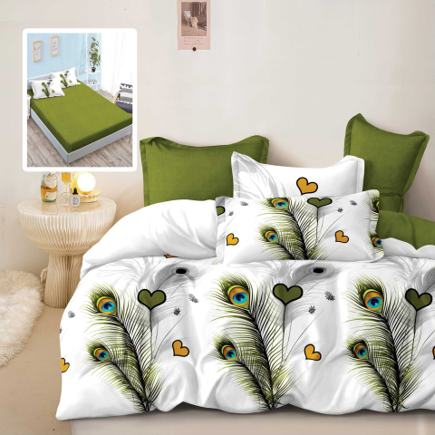 Lenjerii de pat 180x200cm - Lenjerie de pat bumbac finet verde cu pene si inimioare si cearceaf de pat cu elastic