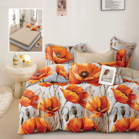Lenjerii de pat 180x200cm - Lenjerie de pat bumbac finet bej cu flori portocalii si cearceaf de pat cu elastic