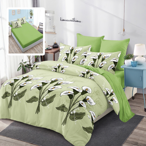 Lenjerii de pat - Lenjerie de pat bumbac finet verde deschis cu cale albe si cearceaf de pat cu elastic