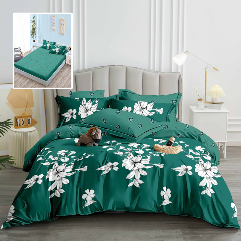 Lenjerii de pat - Lenjerie de pat bumbac finet verde smarald cu flori albe si cearceaf de pat cu elastic
